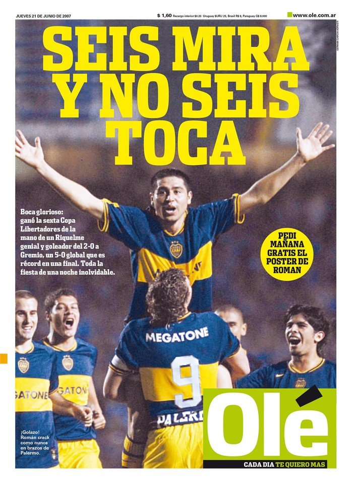 La tapa de Olé luego de que Boca ganara su sexta Libertadores.