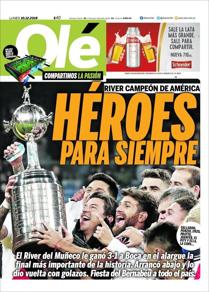 La tapa de Olé tras la final de River-Boca en Madrid.