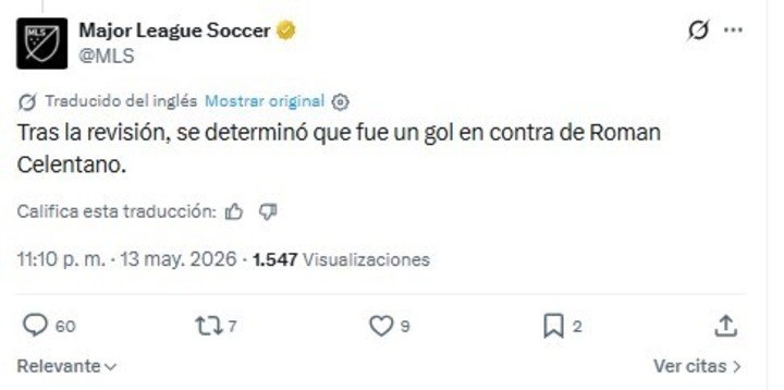 El tuit de la MLS con el anuncio de que no hubo hat-trick de Lionel Messi ante Cincinnati porque, en el tercer gol, la pelota tocó en un rival y se consideró en contra.
