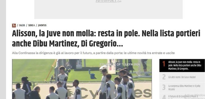 El artículo de TuttoSport que pone al Dibu Martínez en la órbita de la Juventus.