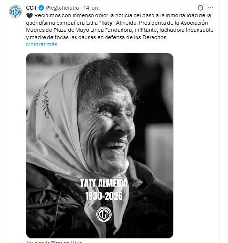 Despedida de la CGT a Taty Almeida