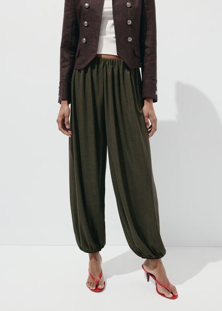 Pantalon Amplio Cintura Elastica Fluido Mango Rebajas Comodos Elegantes Boho