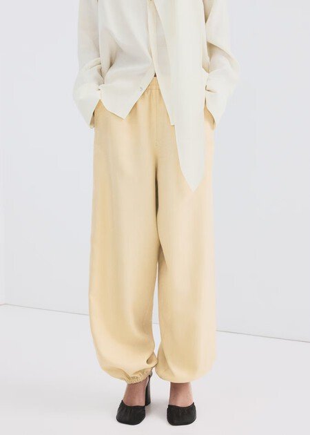 Pantalon Amplio Cintura Elastica Fluido Mango Rebajas Comodos Elegantes Boho