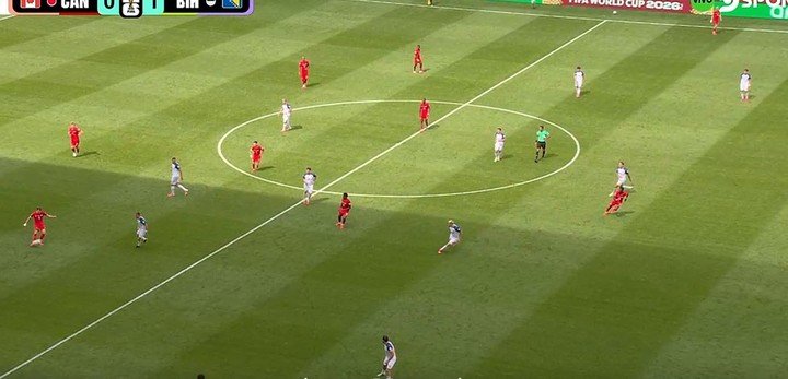La jugada en que se reclamó penal para Canadá: había offside previo, mínimo pero visible para el VAR.