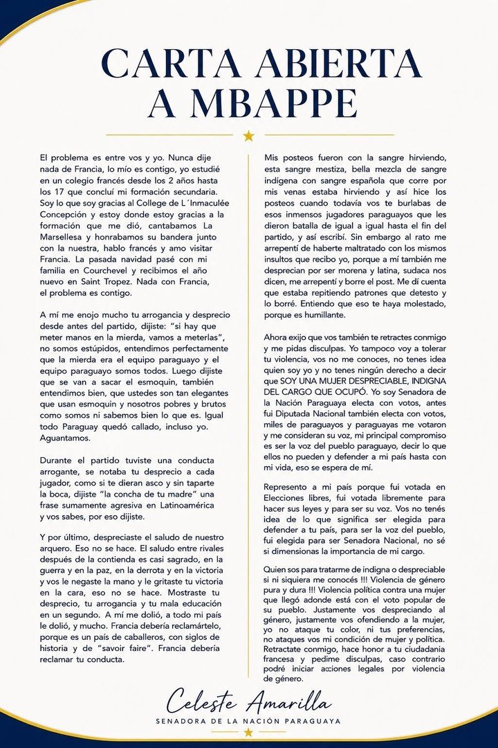 La carta abierta de Celeste Amarilla a Mbappé.