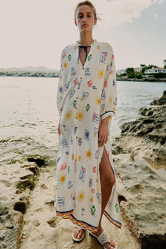 Vestido kaftán + sandalias planas
