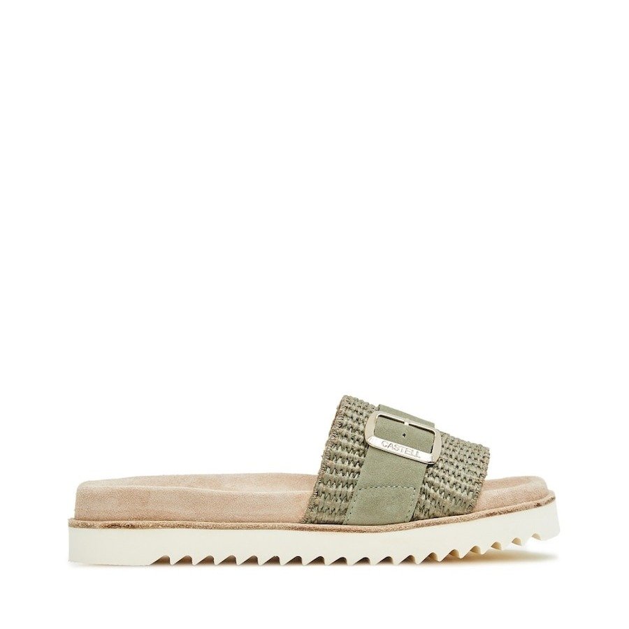 Sandalias de pala de mujer de rafia con hebilla dorada Verde Oliva CASTELL MENORCA 