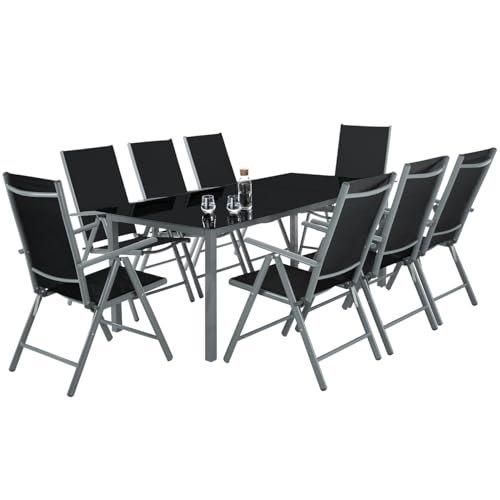 tectake® Conjunto Muebles Jardín Exterior 9 Piezas, Estructura de Aluminio, Mesa y Sillas Terraza Impermeables, Resistentes a Intemperie, Sillas Plegables y Reclinables, Tela Transpirable - Antracita