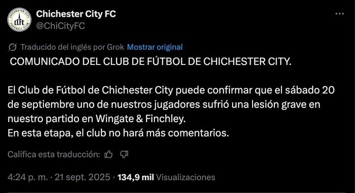 El comunicado de Chichester City tras la lesión.