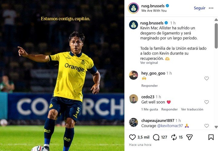 "Estamos contigo, capitán". El posteo de Union Saint-Gilloise de Bélgica parea Kevin Mac Allister. 