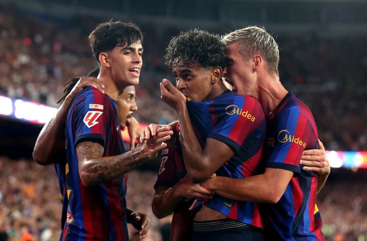 Yamal y su festejo ante Rayo Vallecano. (REUTERS/Bruna Casas)