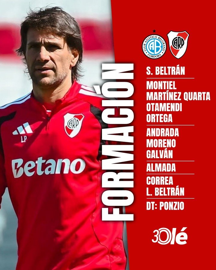 La formación confirmada de River para jugar ante Belgrano.
