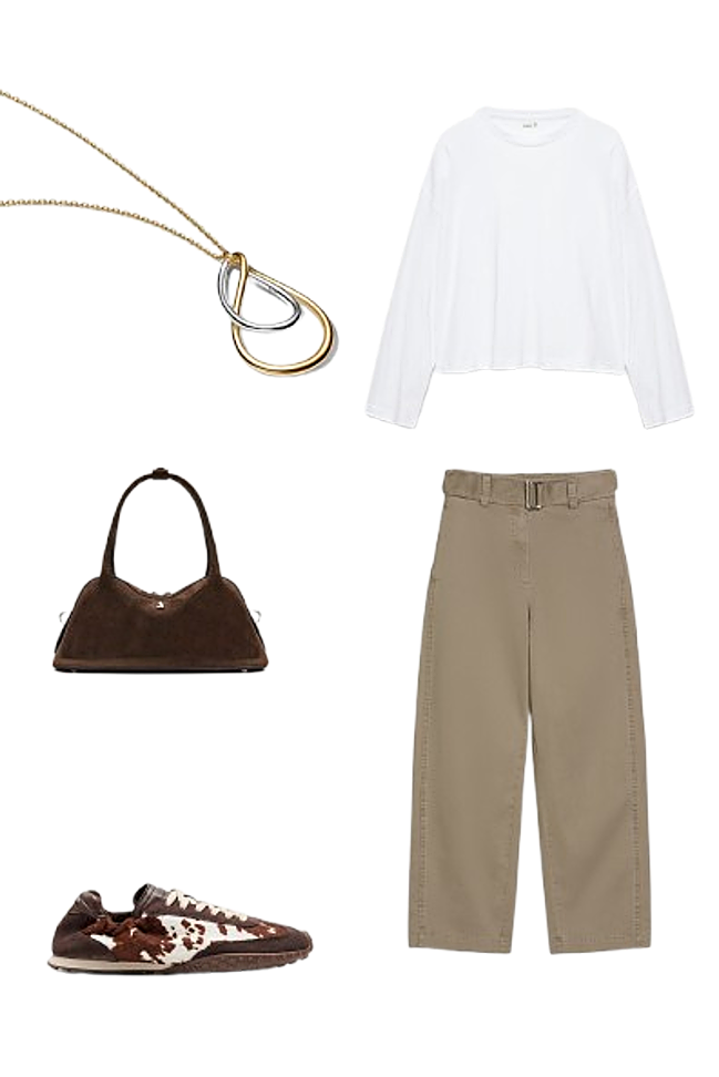 Camiseta boxy de manga larga, de Pull & Bear (12,99 €)/ Pantalones barril, de Marc´O Polo (169,95 €)/ Collar doble , de Pandora (119 €)./ Bolso Hilma, de Alohas (295 €)./ Zapatillas Bridge Cow Print Brown, de Hoff (150 €).