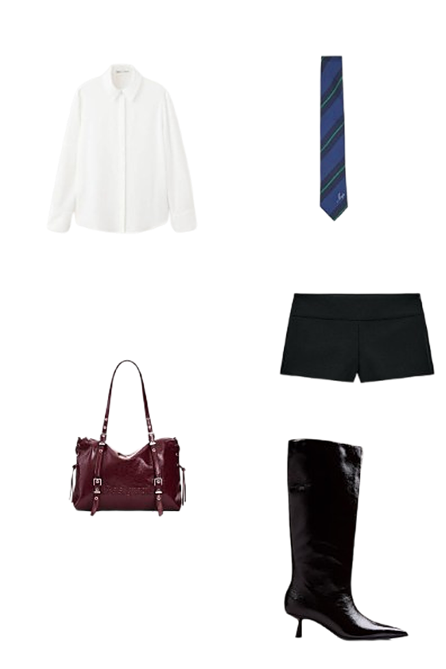 Camisa blanca, de Stradivarius (22,99 €)/ Corbata de seda a rayas, de Maje (95 €)/ Mini shorts, de Zara (19,95 €)/ Bolso shopper grande, de Desigual (79,95 €)/ Botas altas Kitten de Gioseppo, de venta en El Corte Inglés ( 89,95 €).