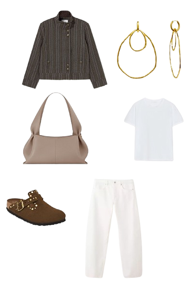 Camiseta blanca, de Intimissimi (19,90 €)/ Pantalón blanco balloon, de Mango (39,99 €)/ Pendientes Rania, de Moliane (65 €)/Bolso Numéro Neuf East, de Polene (440 €)/ Zuecos Boston Rivets, de Birkenstock (190 €).