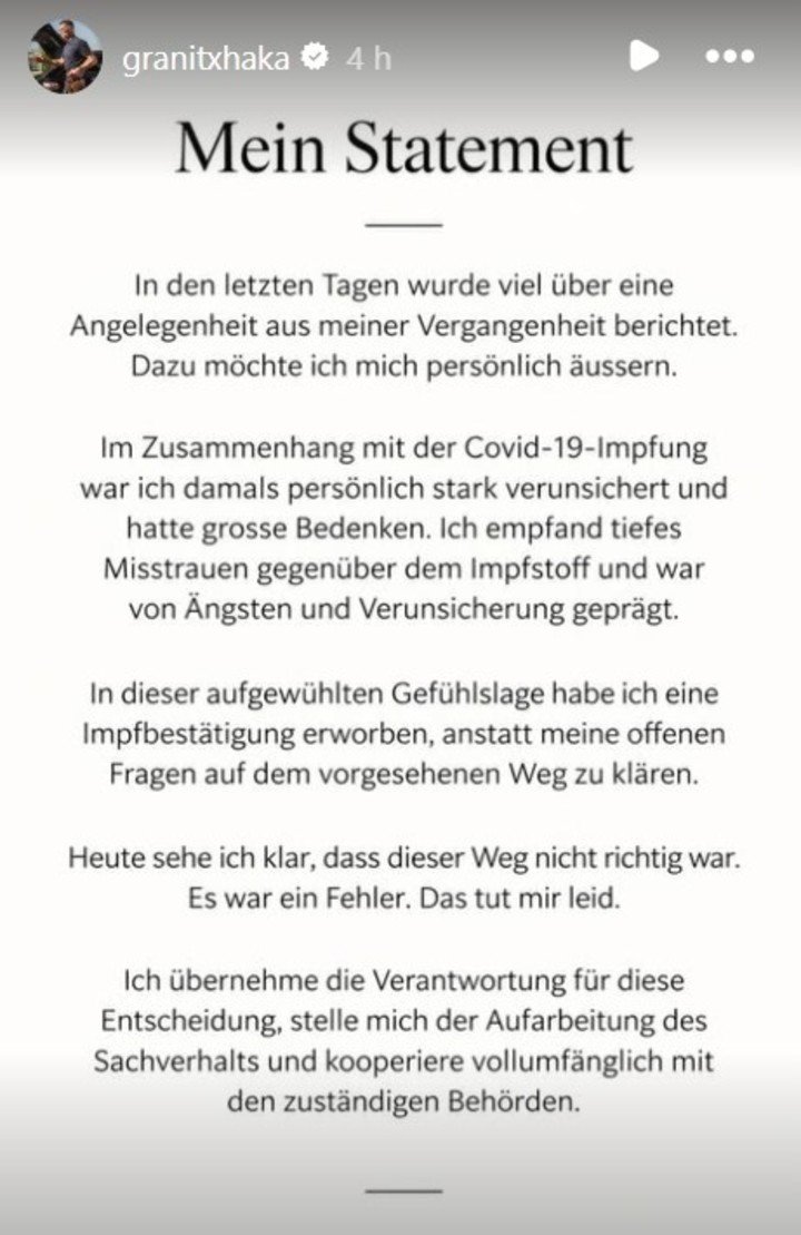 El comunicado de Xhaka en sus redes sociales.