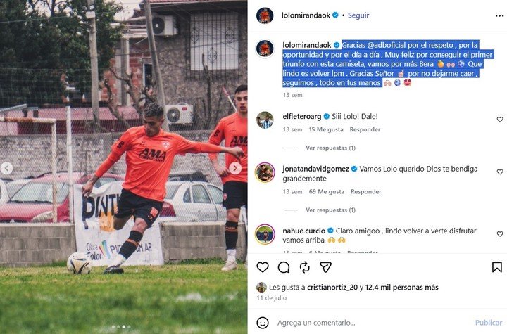 El posteo de Leonel Miranda, en Berazategui.