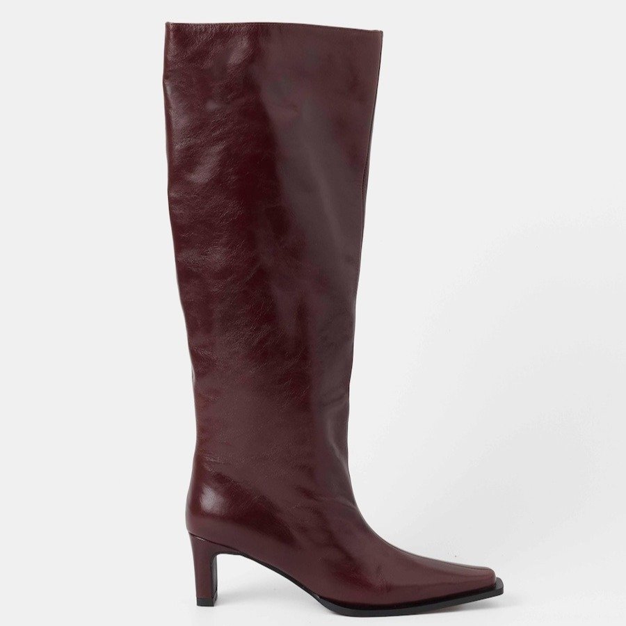 Botas básicas de mujer de piel con caña alta y tacón - Mim - Burdeos 