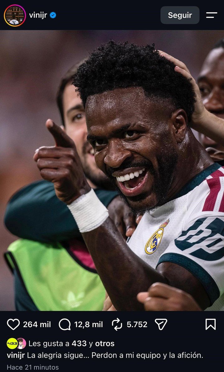 El posteo de Vinicius después de la expulsión (Foto: Instagram).
